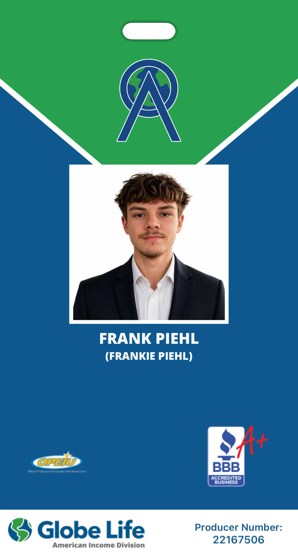 FRANK PIEHL — Benefits Representative, Globe Life American Income Division ID badge